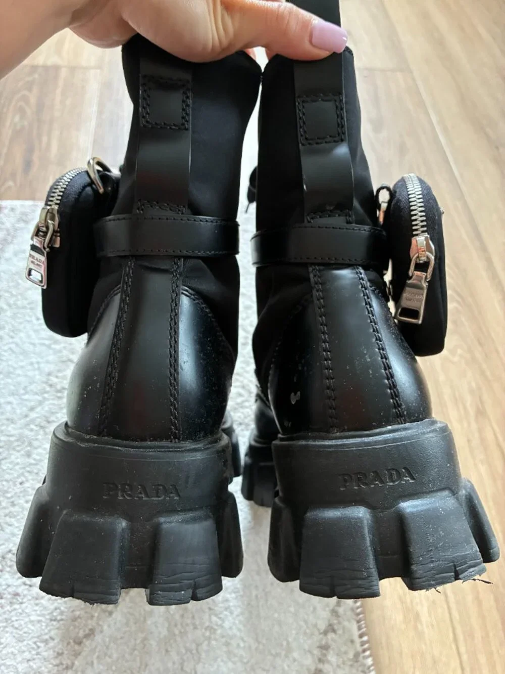Prada Monolith Re-Nylon Combat Boots with Pouches – Size 8.5